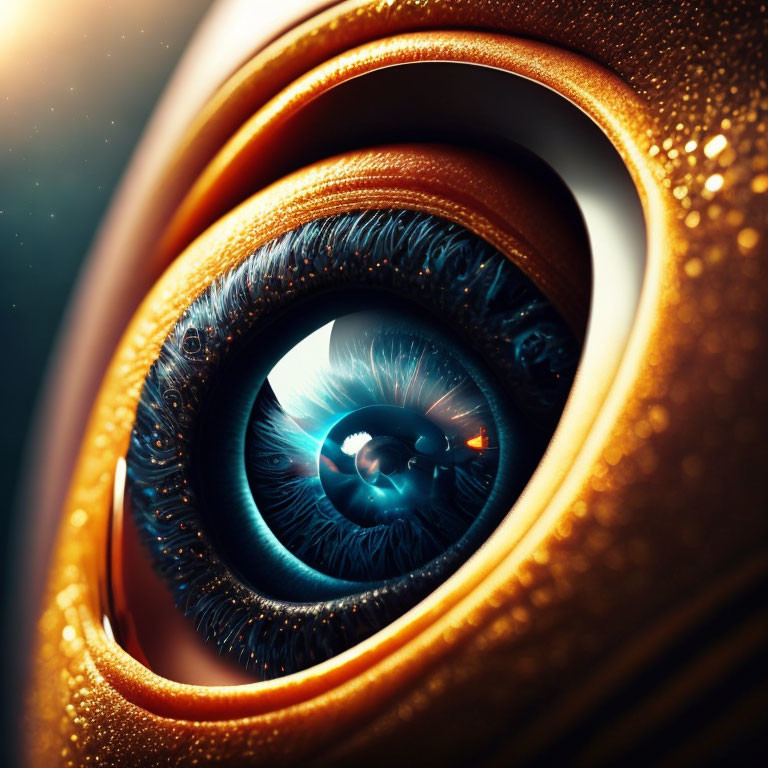 Stylized human-like eye with blue iris and golden textures