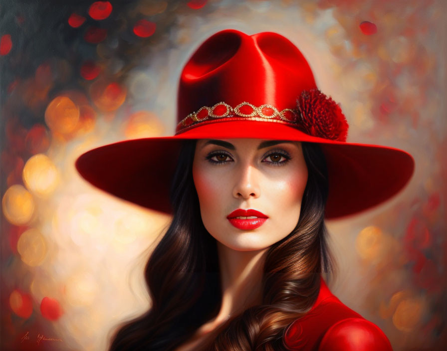 Dark-haired woman in red hat and attire on blurred background