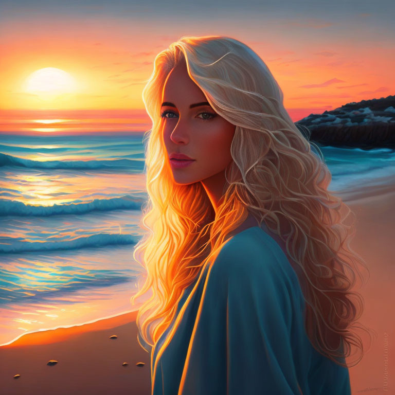 Blonde woman in blue dress on beach at sunset