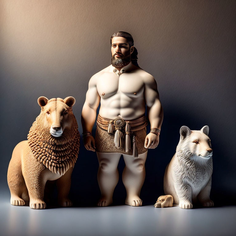 Muscular Man with Bears Figurines Against Shaded Backdrop