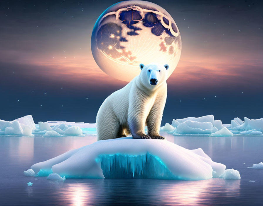 Polar bear on small iceberg under large moon in twilight sky