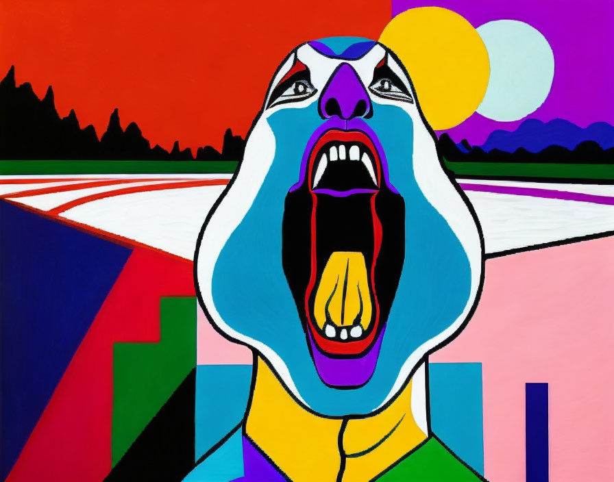 Colorful Abstract Painting: Scream with Geometric Shapes and Vibrant Sky