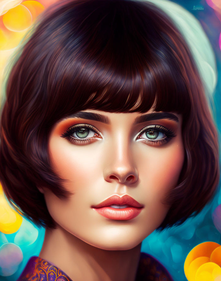 Portrait of woman with bob haircut, blue eyes, and orange makeup on bokeh light background