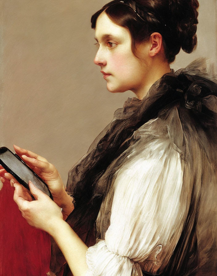 Portrait of young woman in white blouse with black shawl, holding book, looking thoughtful