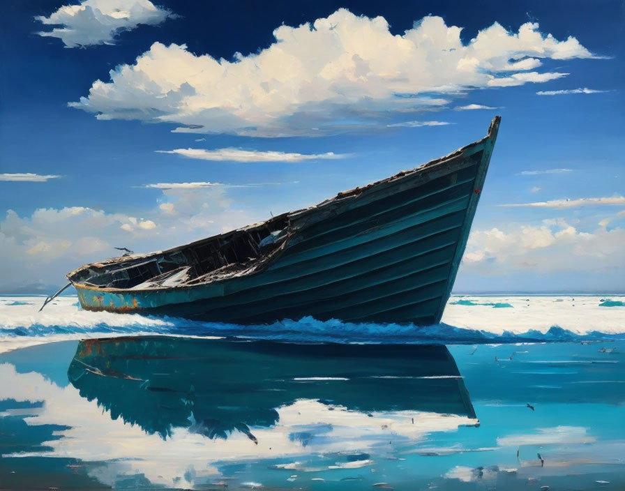 Blue boat abandoned on calm water under partly cloudy sky