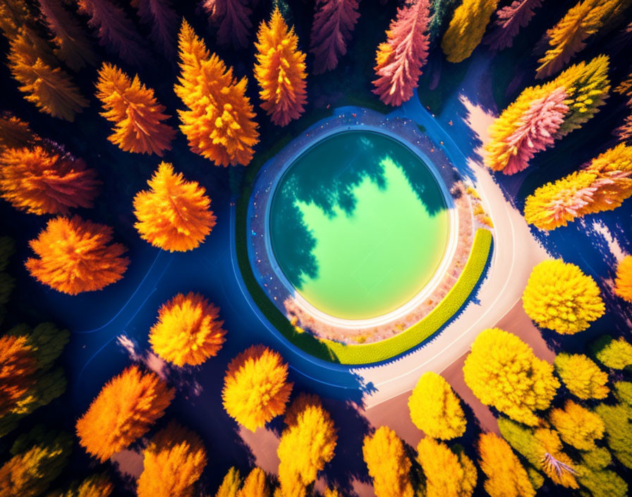 Circular Pond Surrounded by Road and Autumn Trees