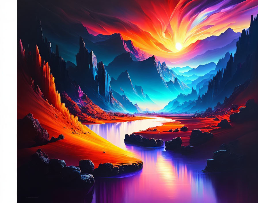 Surreal landscape with fiery orange terrain and swirling sky