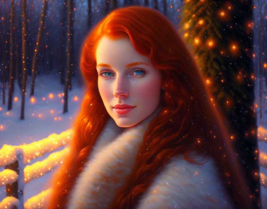 Digital artwork: Woman with red hair and blue eyes in white fur coat, snowy enchanted forest scene.