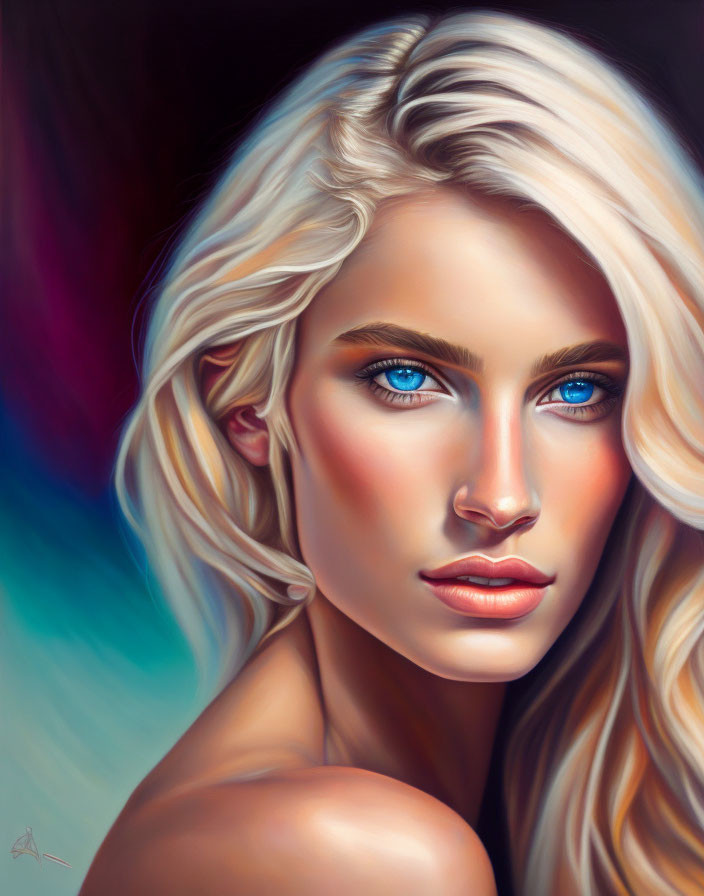 Blonde woman portrait with blue eyes and colorful background