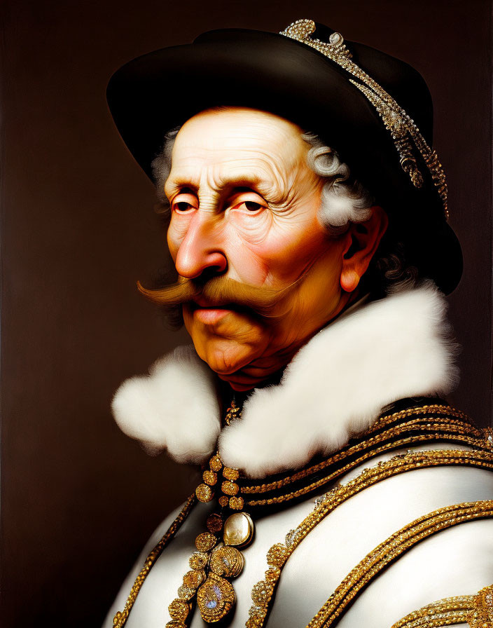 Elaborate Mustache Man in Black Hat with Fur Collar