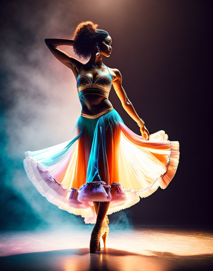 Colorful Costume Dancer Twirling in Dramatic Lighting