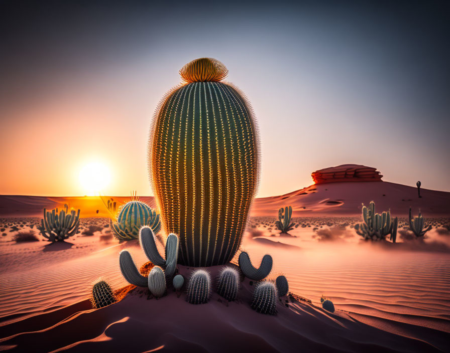 Desert landscape with large cactus at sunset