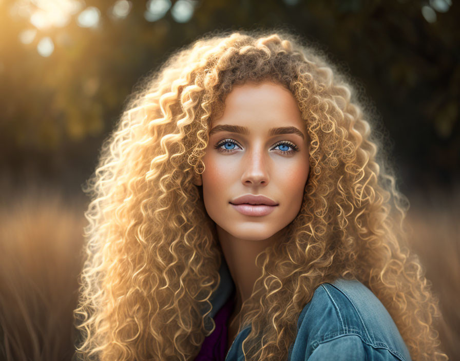 Blonde Woman with Curly Hair in Sunny Outdoor Setting