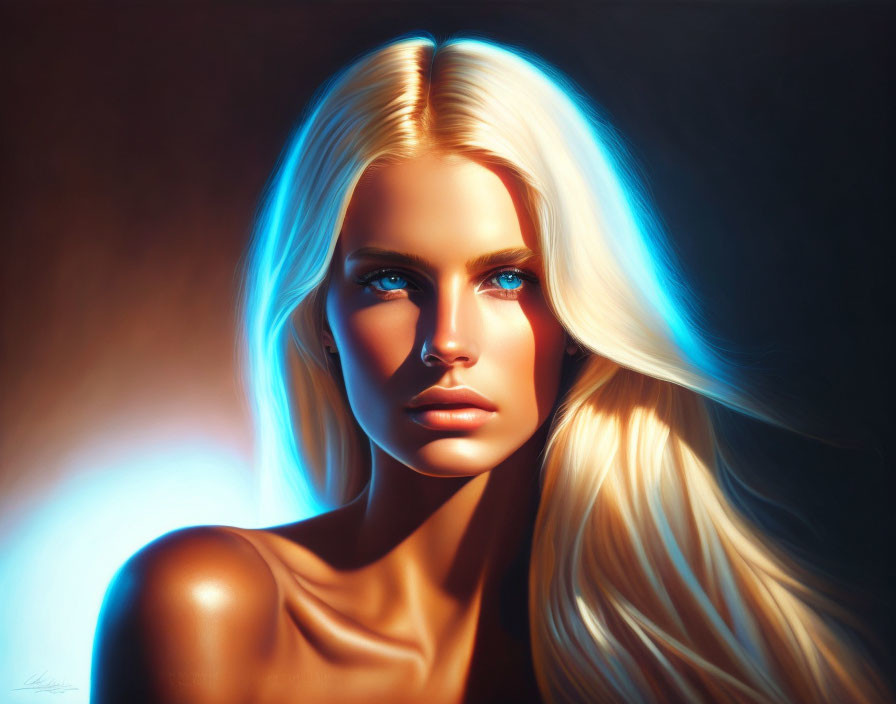 Portrait of woman with glowing blonde hair and blue eyes on dark background