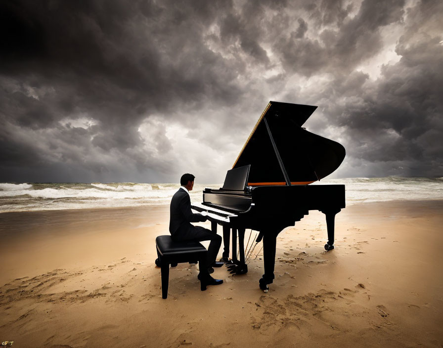 Man in suit plays grand piano on beach under stormy sky