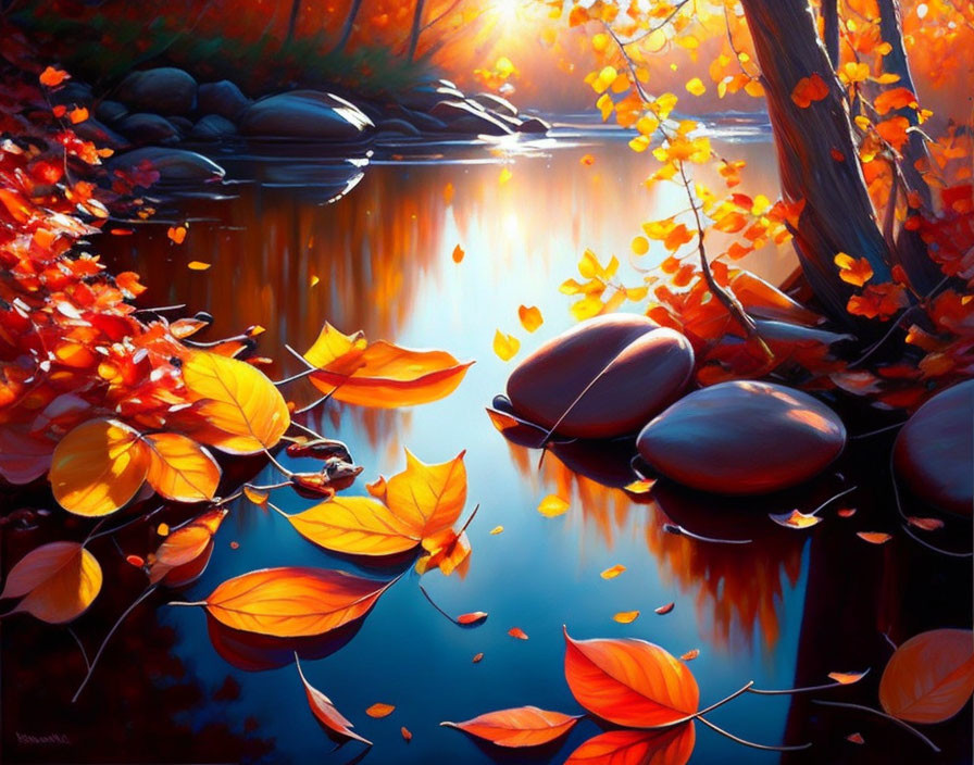 Colorful autumn leaves above serene river with sun's reflection.