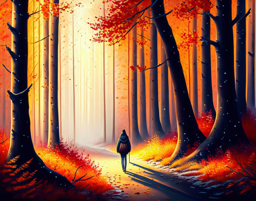 Person walking in vibrant autumn forest with sunlight filtering through trees