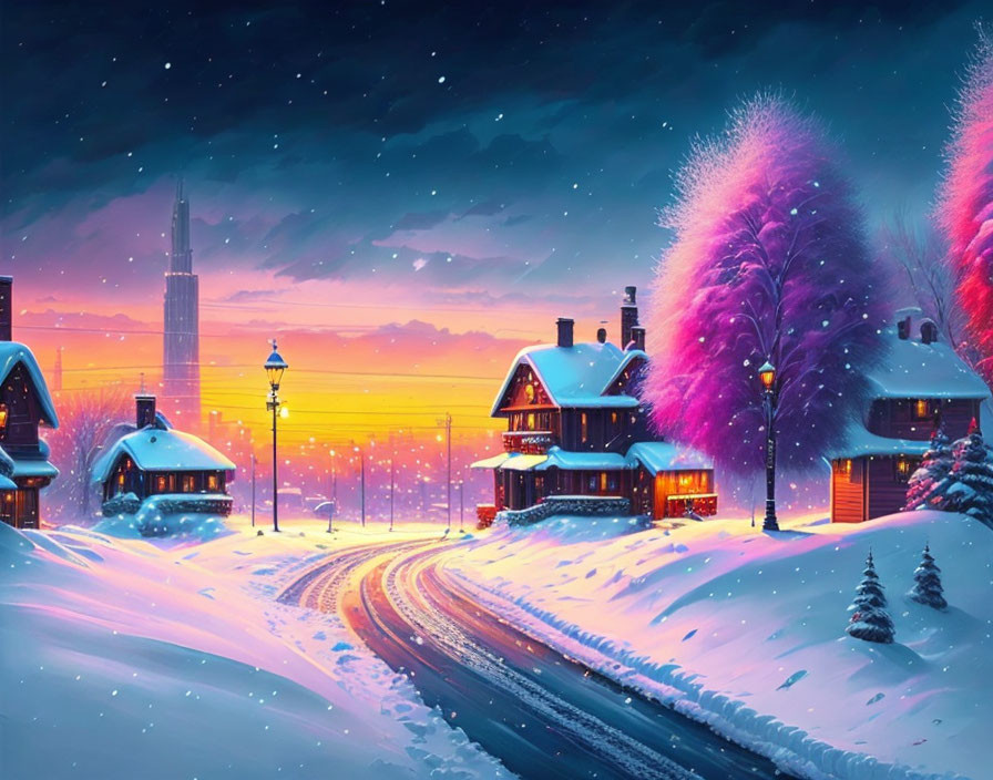 Colorful illuminated winter village with snow-covered trees & starry sky