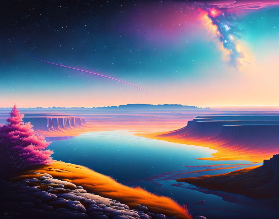 Vibrant surreal landscape with pink tree, orange grass, and blue lake under starry sky.