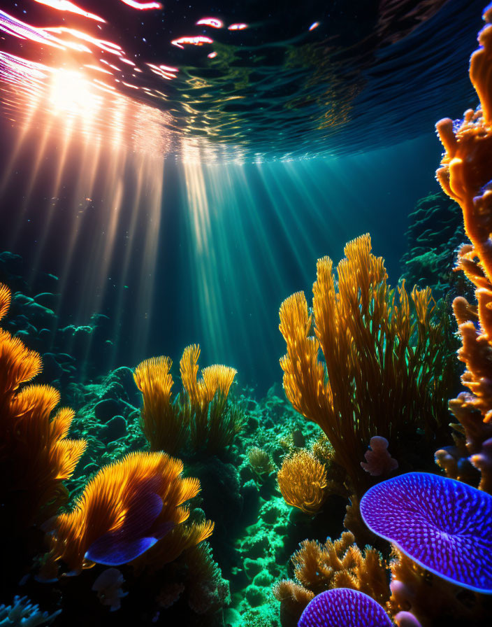 Vivid sea life and corals illuminated by sunlight underwater