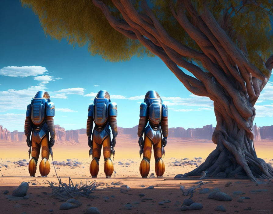 Futuristic astronauts in blue-orange suits on barren desert planet