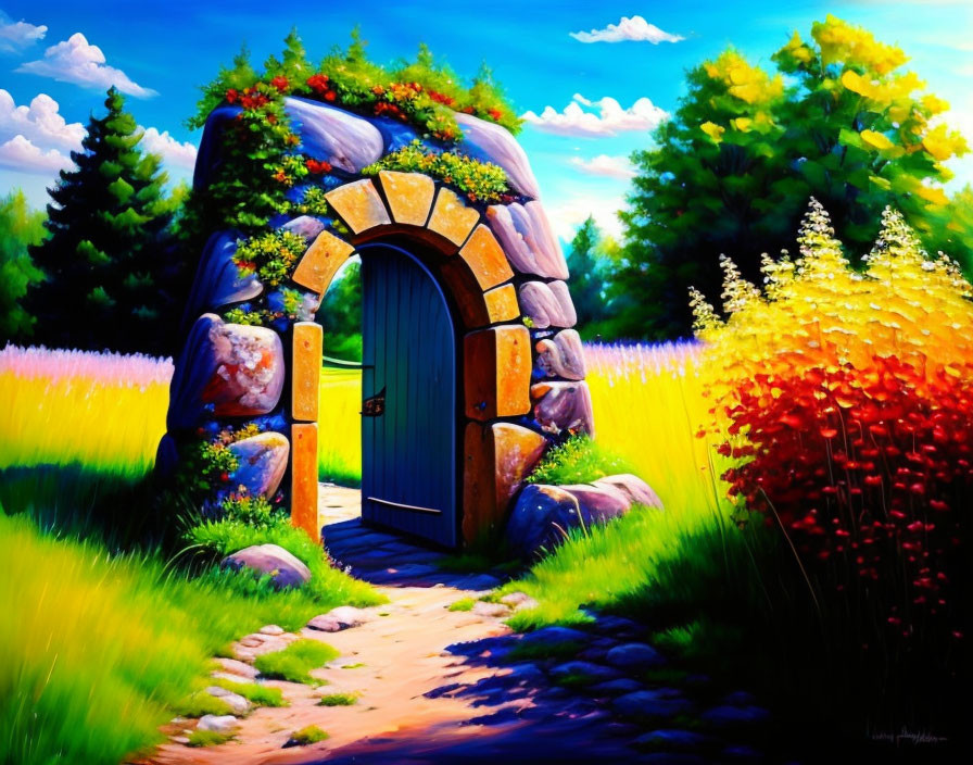 Colorful painting of whimsical stone doorway in lush meadow