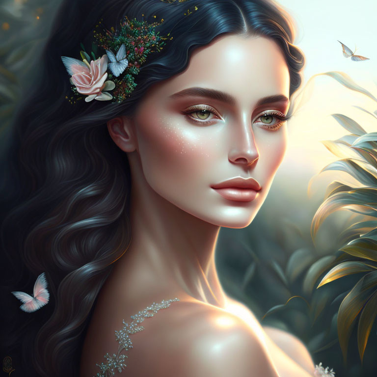 Digital art portrait: Woman with wavy hair, flowers, butterflies, ethereal glow