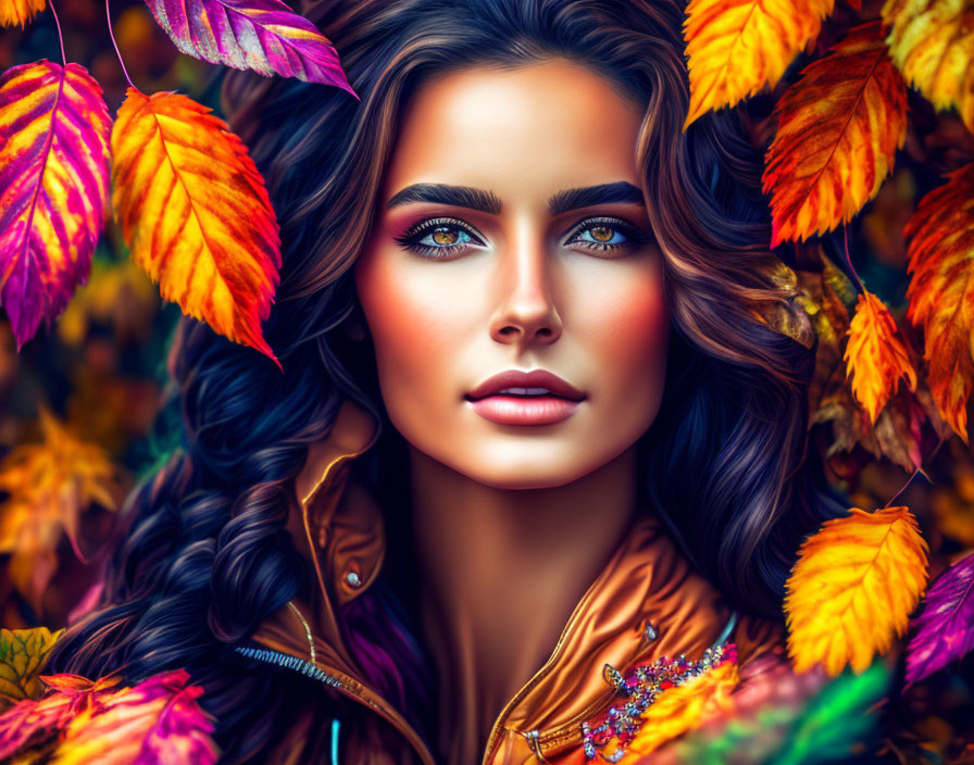 Woman with Blue Eyes and Curly Hair in Autumn Setting wearing Orange Jacket