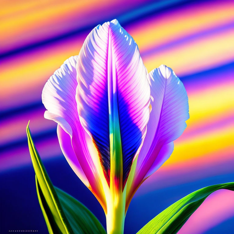 Colorful Crocus Flower on Multicolored Striped Background with Luminous Petals