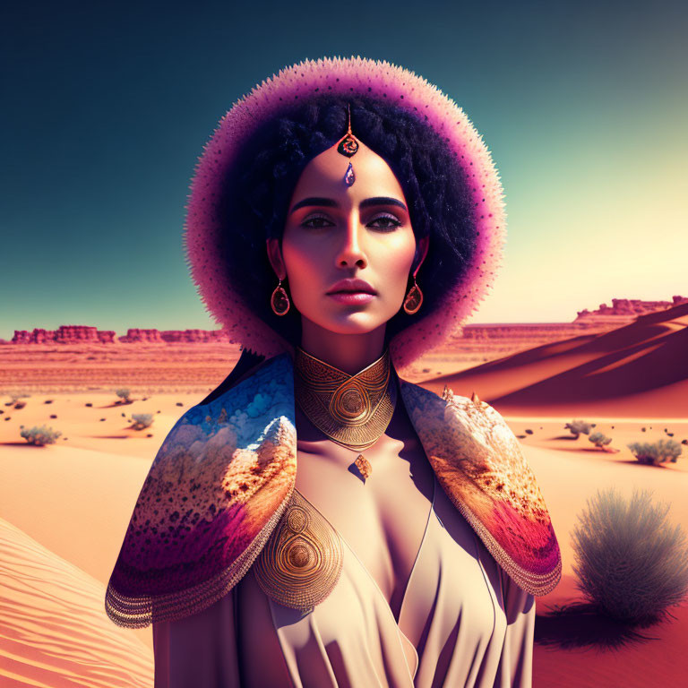 Digital artwork featuring woman with elaborate headdress, gold jewelry, and flowing garment in desert landscape