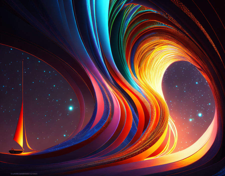 Surreal digital artwork: sailboat on cosmic sea, vibrant rainbow patterns, starry sky.