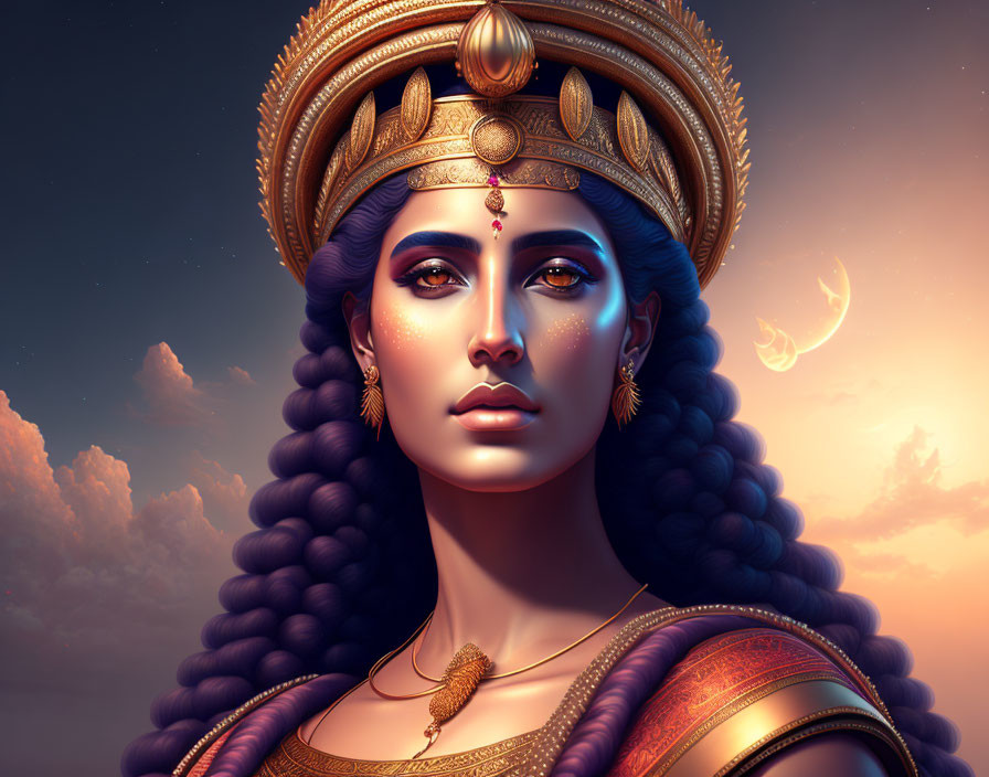 Blue-skinned woman in gold jewelry and crown under crescent moon.