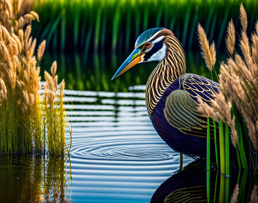 Colorful Yellow-Crowned Night Heron Among Tall Reeds