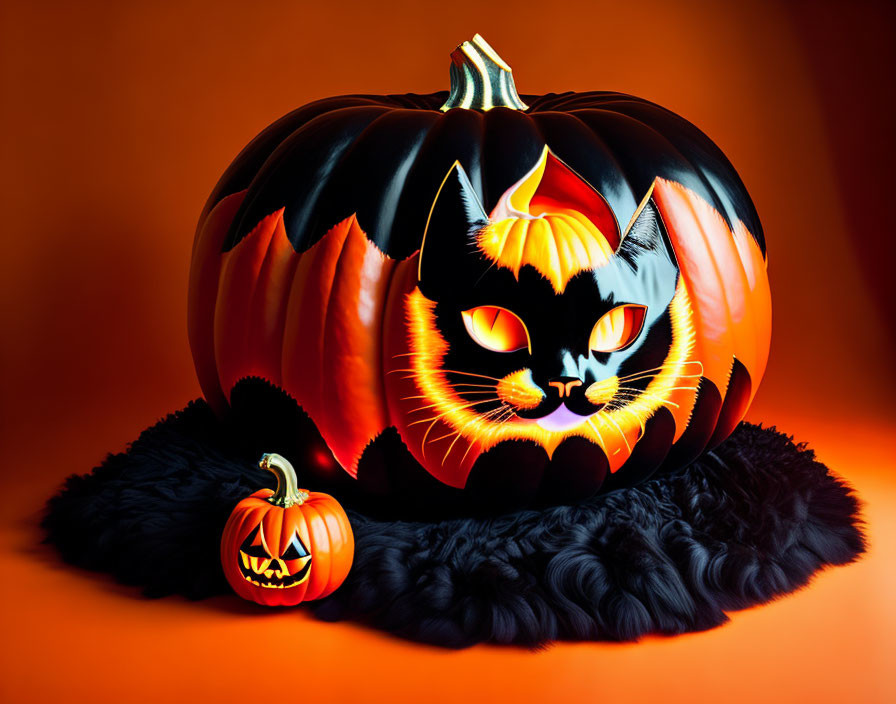 Large pumpkin carved with black cat design on orange backdrop with small pumpkin.