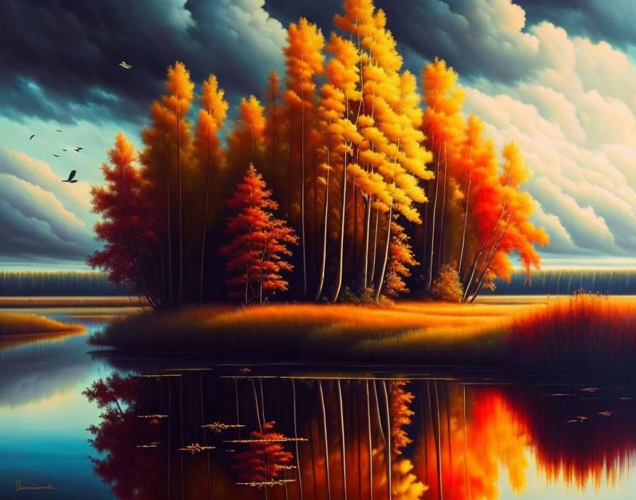 Scenic Autumn Forest with Reflective Water and Cloudy Sky