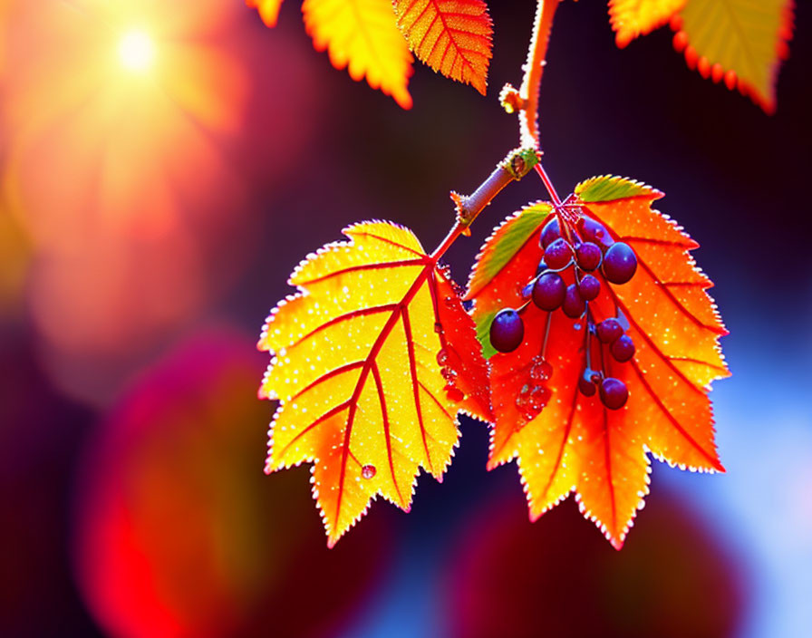 Autumn leaves with dewdrops and dark berries on branch.