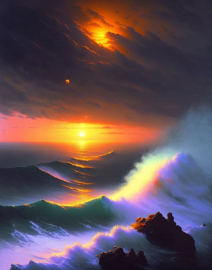 Vibrant dual sun illusion at sunset over turbulent ocean waves and rocky outcrop