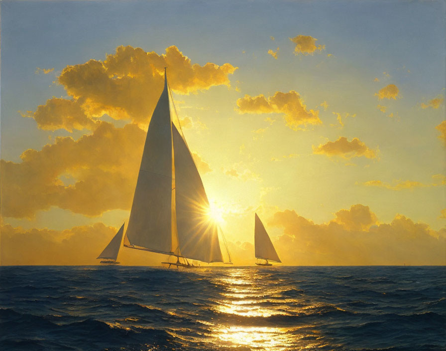 Sailing boats with billowing sails on ocean at sunset