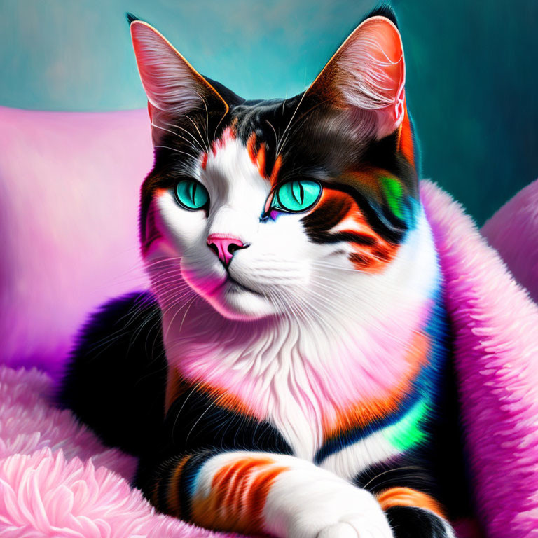 Multicolored cat with blue eyes on pink blanket against painterly background