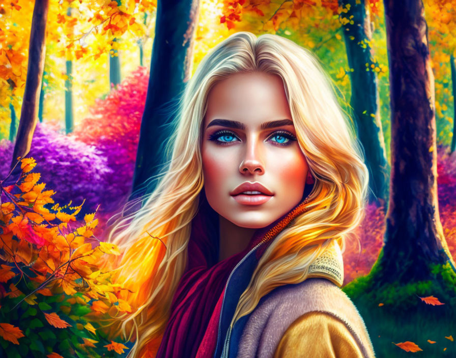 Blonde woman with blue eyes in vibrant autumn forest