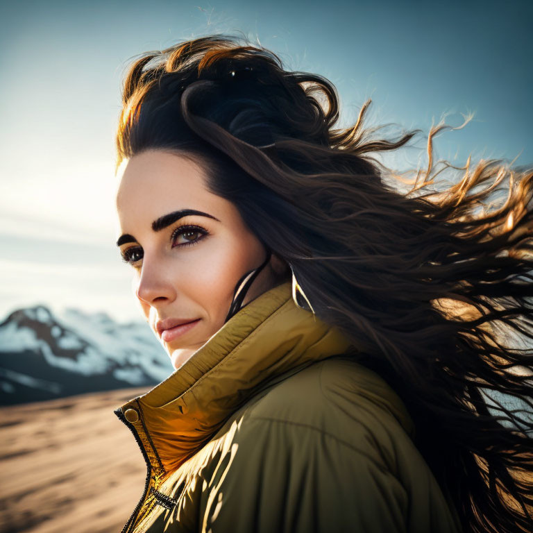 Woman with flowing hair in yellow jacket against snowy mountain backdrop