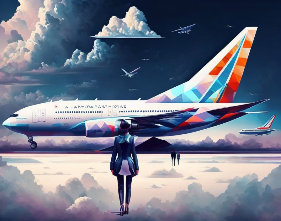 Person on Runway Observing Colorful Airplane and Sky