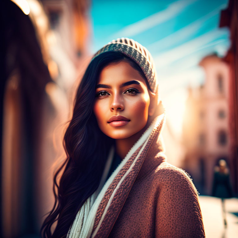 Long-haired woman in knit cap and scarf on sunlit city street