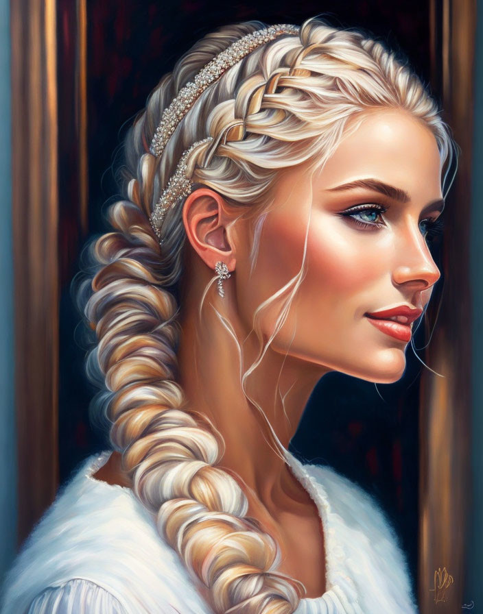 Portrait of woman with intricate braid and pearl accessories in soft lighting