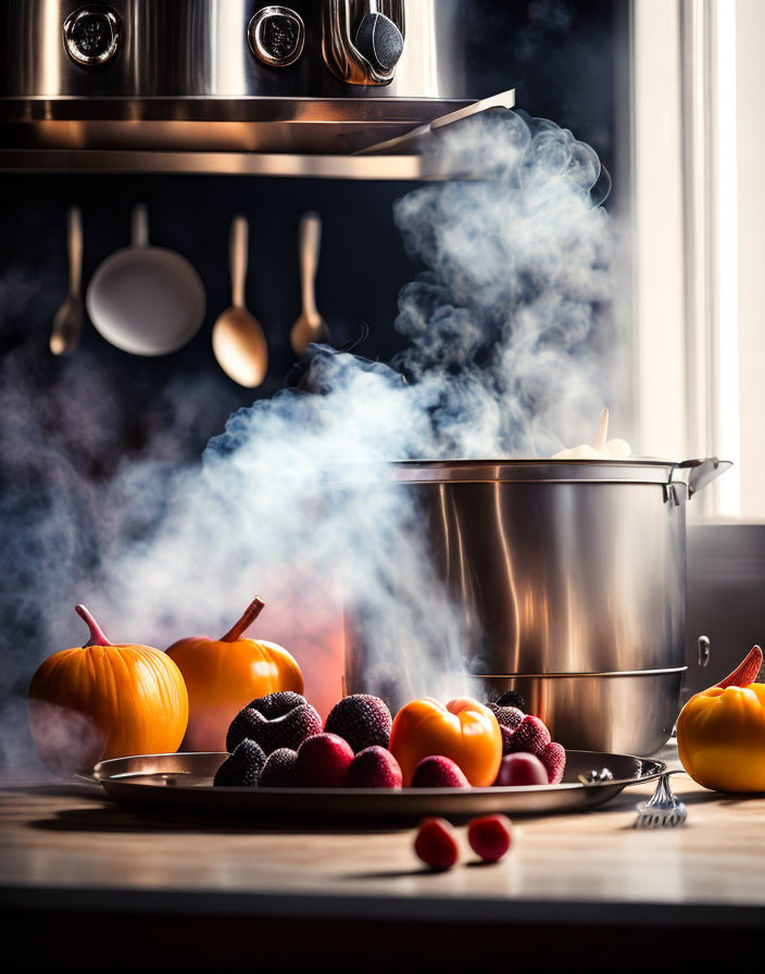 Steamy pot with pumpkins, fruits, and kitchen utensils in cozy home scene