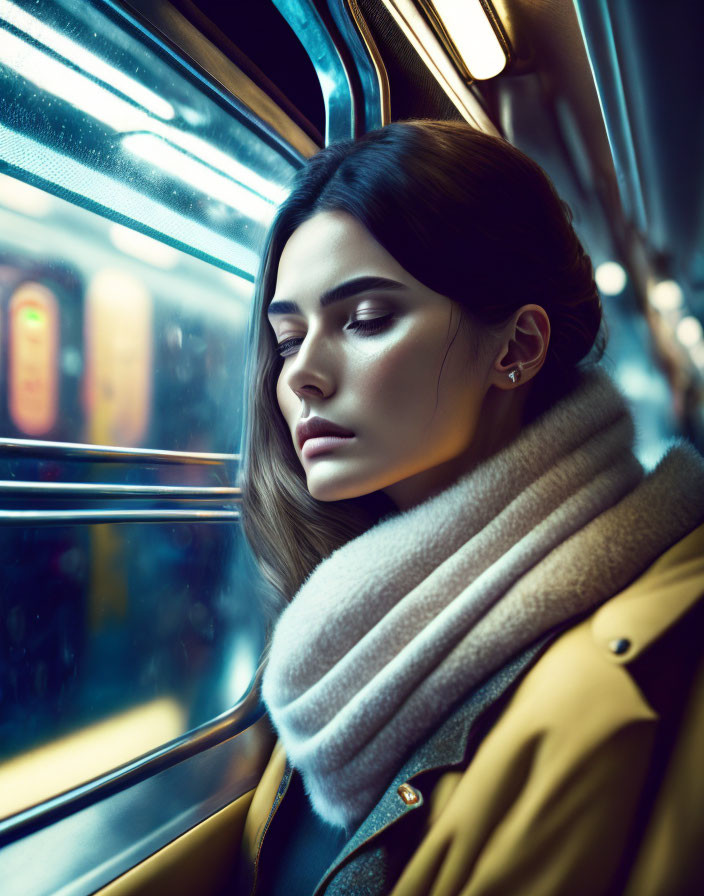 Contemplative woman in yellow coat gazes out bus window at city lights