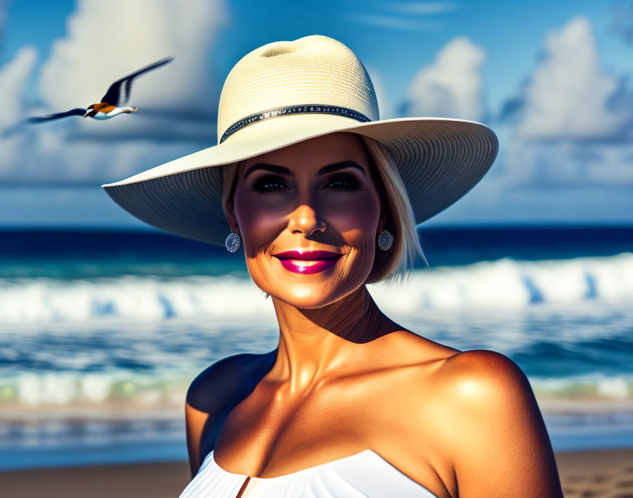 Smiling woman in wide-brimmed hat on beach with seagull and waves