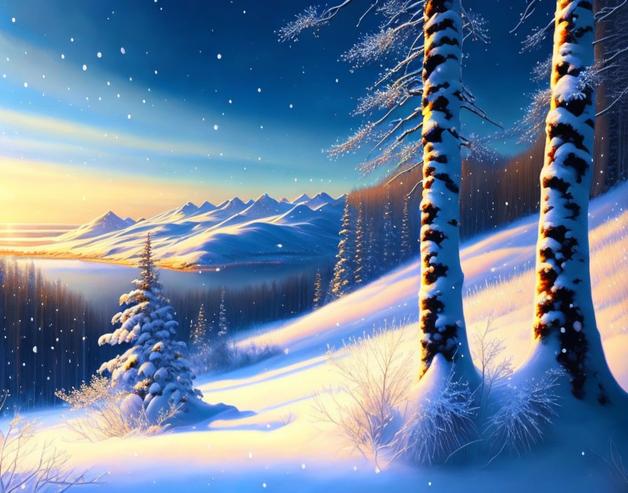 Snow-covered trees and mountain range in winter sunset scene