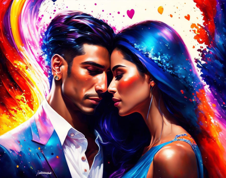 Colorful digital artwork: Romantic couple in cosmic explosion