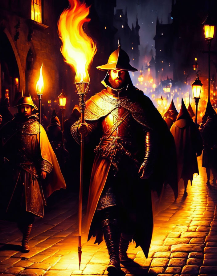 Medieval soldiers with torches march at night in gothic setting